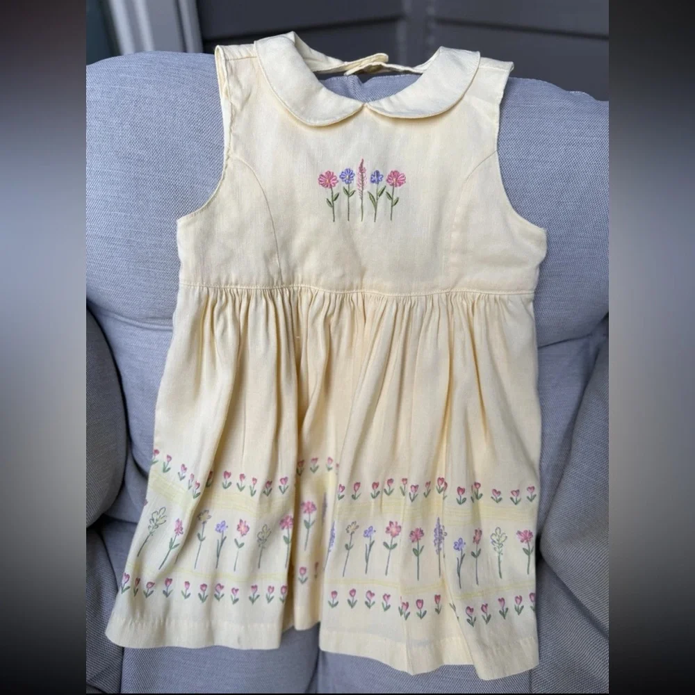 Vintage 1998 Gymboree Toddler‎ Embroidered Floral Yellow Dress Linen Blend Sz 2